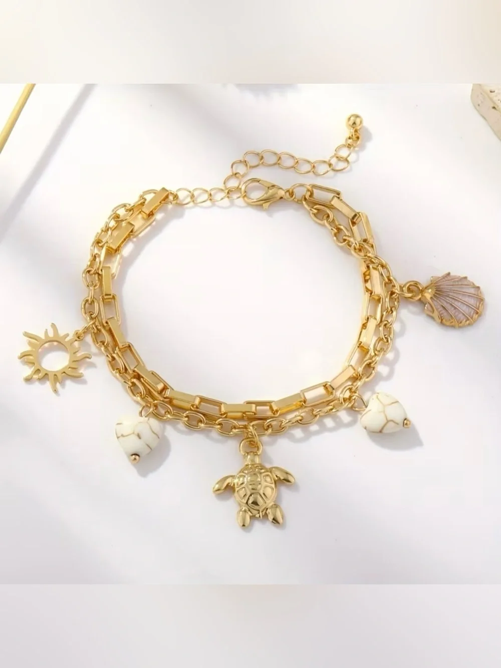 NEW! Gold Turtle Charm Bracelet with White Stone Hearts. Beach bracelet 🐢 A4-150